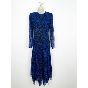 A.J. Bari Women’s Vintage Cobalt Blue Animal Print Sparkle Sheer Drop Waist Dres